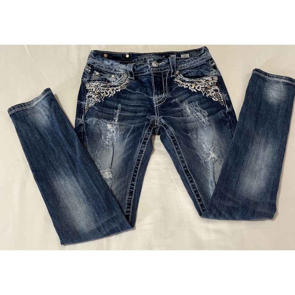 Miss Me Women's Blue Signature Skinny Distressed Bling Zip Fly Jeans Sz 27 X 31